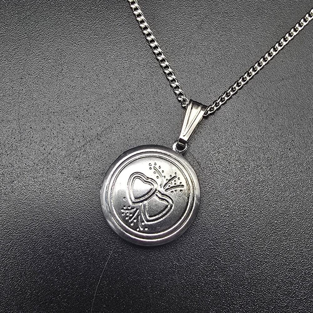 Silver Tone Heart Locket Necklace Round Vintage Costume Jewelry